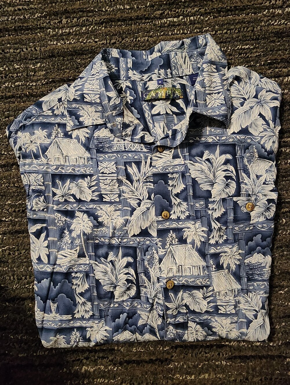 NWT Campia Blue White Hawaiian Shirt Men's Medium M Hut Palm Trees Tropical New
